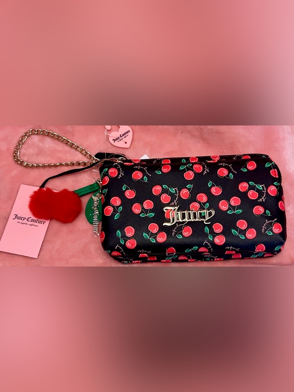Juicy Couture Black Cherry Print Wristlet with Gold Logo and Red Cherry Pom